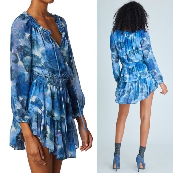 LOVESHACKFANCY Silk Floral Ruched Tie Neck Puff Long Sleeve Tier Ruffle Dress XS - Picture 4 of 10